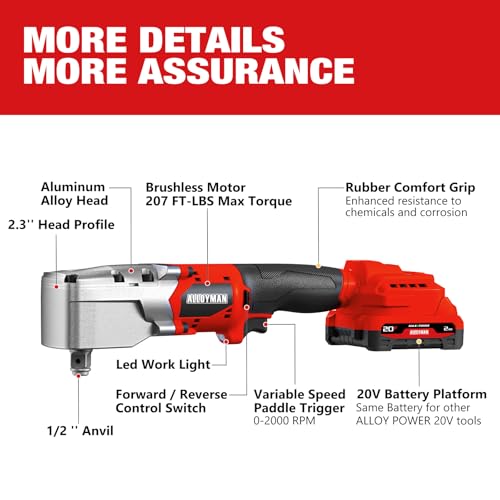Alloyman 20V Brushless Right Angle Impact Wrench, 207 Ft-lbs（280N.M）,1/2'' High Torque Cordless Power Tool with 2×2.0Ah Batteries, LED Light, 2-Speed Control, Compact 90° Design for Tight Spaces