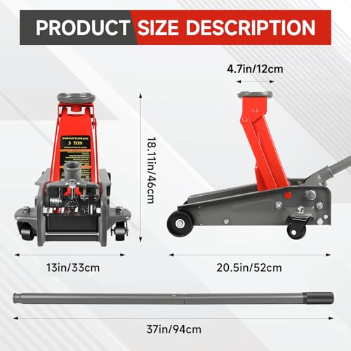 LARBANKE 3 Ton Floor Jack, 6600 Lbs Fast Lift Floor Jack with Wheels, Carbon Steel Heavy Duty Jack with 5.31"-18.11" Lifting Range, Stable Support for Most Cars,Red