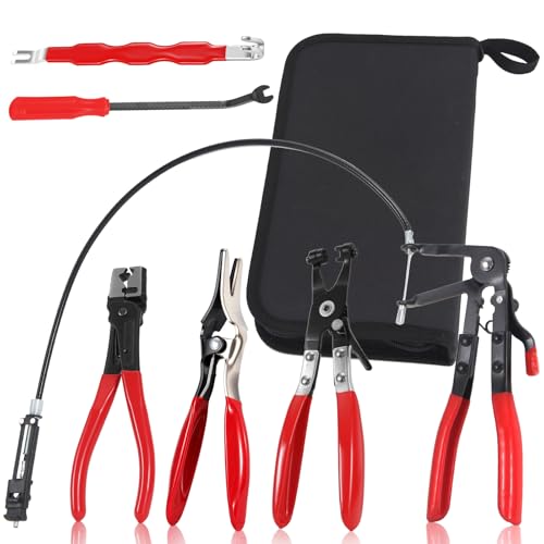 6PCS Hose Clamp Pliers Set, 27" Long-Reach Spring Clamp tool, Flat Band Plier, Clic-R Type Plier & Raditor Remover for Cars, Trucks & SUVs with Storage Bag