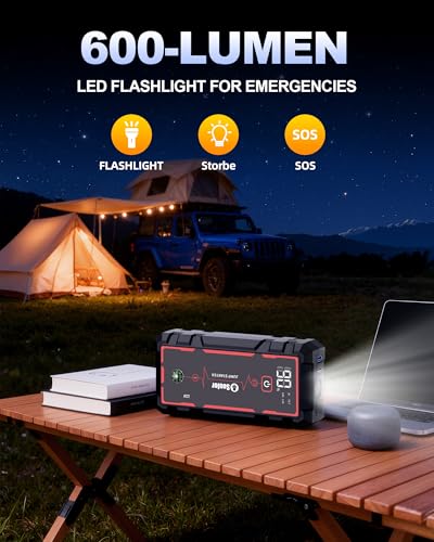 Jump Starter, Battery Jumper Starter Portable, Car Battery Jump Starter with 3 Modes Flashlight, Compass, Power Bank and Jumper Cable | Jump Box with 3 Modes Flashlight, Compass, Power Bank, Gloves and 12V Jumper Cable Up to 10.0L Gas and 10.0L Diesel - c
