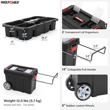 MAXPOWER Rolling Tool Box with Wheel, Lockable Deep Tool Box | 8 Gallon Storage Capacity Black Toolbox with Removable Tray and Latches - size: 16", style: 8-gallon Rolling tool box