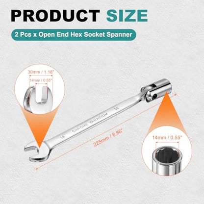 HARFINGTON 2 Pcs 14mm Swivel Head Socket Combination Spanner Wrench CR-V Steel Rotary Torx Socket Head Open End Wrenches Spanner Mirror Polishing for Auto Car Repairing - size: 14mm