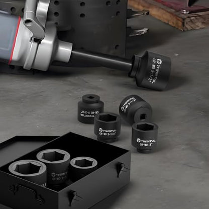 1-Inch Drive Socket Set, 7-Piece, Jumbo Impact Socket for Trailer | SAE, 3", 3-1/8", 3-1/4'', 3-3/8", 3-1/2",3-3/4", 4" Shallow Spindle Axle Nut Socket Set with Metal Case for Heavy Equipment - size: 3"-4"