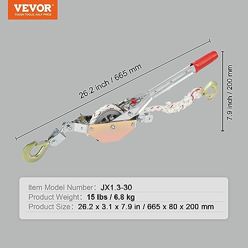 VEVOR Rope Puller, 3/4 Ton (1,653 lbs) Pulling Capacity, with 100' of 0.6" dia. Rope, 2 Hook, Come Along Winch, Heavy Duty Ratchet Power Puller Tool for Moving Boats, Securing Items, Transporting Logs - size: 3/4 Ton