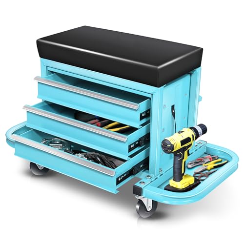 Auto Dynasty 3-Drawer Mechanic Rolling Seat, 350 LBS Capacity Roller Garage Shop Seat with Storage Tool Tray for Workshop, Repair Shop, Warehouse, Sky Blue - color: Sky Blue