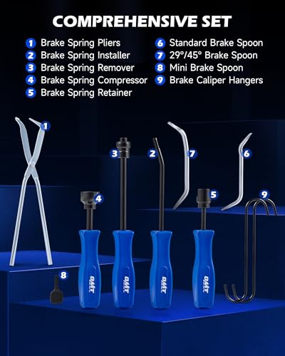 OMT 32pc Dual Brake Tool Kit w Caliper Compressor and Drum Brake Set, Black | Structural-Grade Steel; Black Oxide Chrome Finish; Piston Wind Back Set for Mechanics; Spring Pliers; 24 Adapters - color: Black