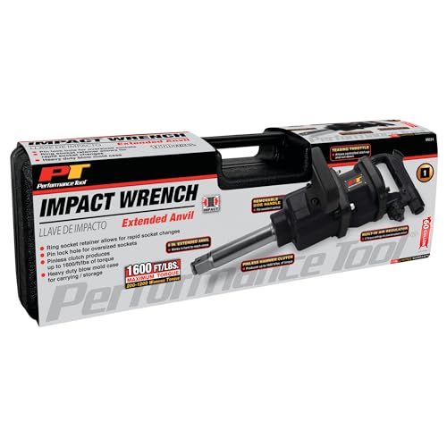 Performance Tool M634 1-Inch Heavy Duty 1-Inch Air Impact Wrench Gun Long Shank Commercial Truck Mechanics w/Case & 6-Inch Anvil - size: 1" Heavy Duty