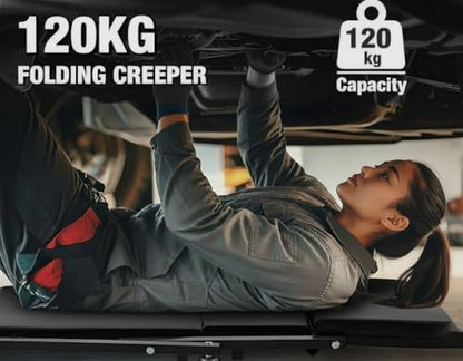 superokay 2-in-1 Folding Creeper Seat, 36-Inch, 300LBS Capacity | Steel frame, 2-in-1 creeper/seat, 360° casters, padded cushion, tool tray, foldable, garage repair - size: 36 inch