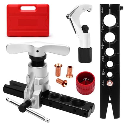 Eccentric Flaring Tool Kit, 45° Copper Flaring Tool for HVAC Mini Split & Auto Brake Line, SAE 1/4"-3/4" & Metric 6-19mm Tubing Flaring Kit with Tube Cutter, Deburrer and Hard Storage Case