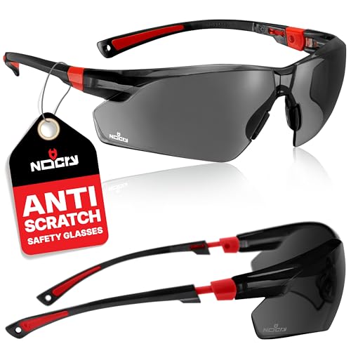 NoCry Safety Sunglasses with Green Tinted Wraparound Lenses; Tinted Safety Glasses for Men and Women with Adjustable Arms & No-Slip Grips; Work Glasses with UV 400 Protection; ANSI Z87.1 Rated - color: Black & Red
