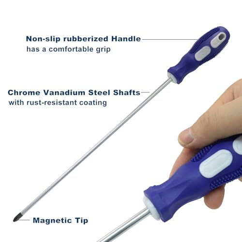 12-Inch Extra Long Phillips Screwdriver, PH2 Magnetic Tip Cross-head Screwdriver with Blue Rubber Handle (6x300mm) - size: Phillips (Blue)