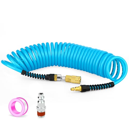 1/4" x 25 ft Polyurethane Coiled Air Hose with Bend Restrictor, Includes 360°Swivel 1/4" Industrial Quick Coupler & Plug Kit, for Air Compressors, Blue - color: Blue With 360°Swivel Coupler, size: 1/4" x 25 ft