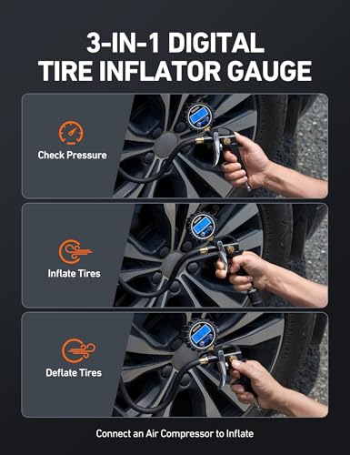 AstroAI Digital Tire Pressure Gauge with Inflator, 3-250PSI Air Compressor Accessories with Heavy Duty Air Chuck Quick Connect Coupler, Fits 1/4" NPT – for Car Truck SUV RV, 1 Pack Compact - size: 1 Pack Compact, style: without case