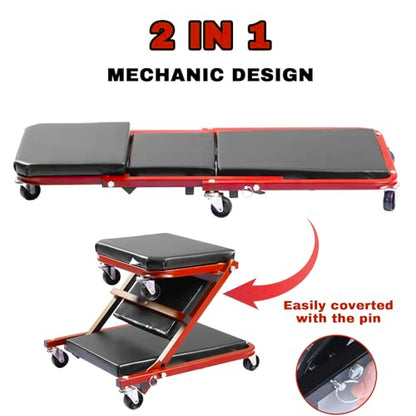 Mechanic Creeper, 300 Lbs Z-Creeper Seat, 36 in 2 in 1 Garage Chair Adjustable Rolling Folding Car Creeper with 6 pcs Wheels for Garage, Shop, Auto Repair, Lay Down or Sit