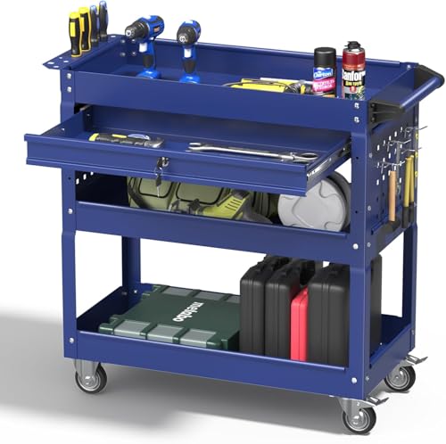 3 Tray Rolling Tool Cart with Drawers, 400 LBS Capacity Mechanic Tool Cart on Wheels, Heavy Duty Utility Cart with Pegboard, Metal Work Cart for Garage and Repair Shop, Blue - color: Blue