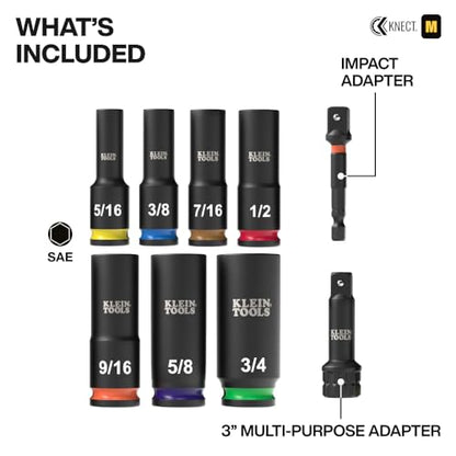 Klein Tools 65109IMPCT KNECT Deep-Well 3/8-Inch Drive Impact Socket Set, SAE, 9-Piece Tool Set with Impact Driver Adapter, Multi-Purpose Wrench Adapter, Color-Coded, MODbox Socket Organizer - style: 9-Piece SAE Set