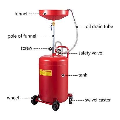 VEVOR 20-Gallon Waste Oil Drain Tank, Air Operated Portable Oil Drainer with Adjustable Funnel Height, Fluid Fuel Transfer Drainage with Wheels, Oil Change Container for Auto Repair Shops, Garages | Air Operated, Portable Oil Drainer, Adjustable Funnel He