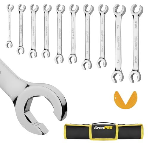 GRENPRO 6-Point Flare Nut Wrench Set – 10Pcs CR-V Steel Brake Line Wrench Kit for Cars & Trucks,Complete Standard (1/4"-7/8") and Metric (9-21mm) Sizes, Includes Storage Pouch & Identification Gauge - size: 10PCS Metric & SAE