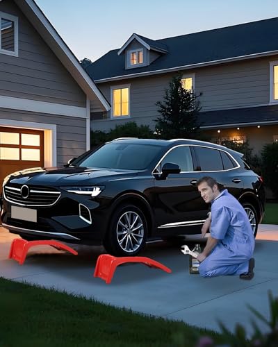 Heavy Duty Low Profile Car Ramps 8" Lift (2 Pack) - 8000LB Capacity Solid Steel Auto Ramps for Trucks, SUVs - Ideal for Oil Changes, Tire Rotation & Maintenance - 4000LB Per Ramp, Red - color: Red