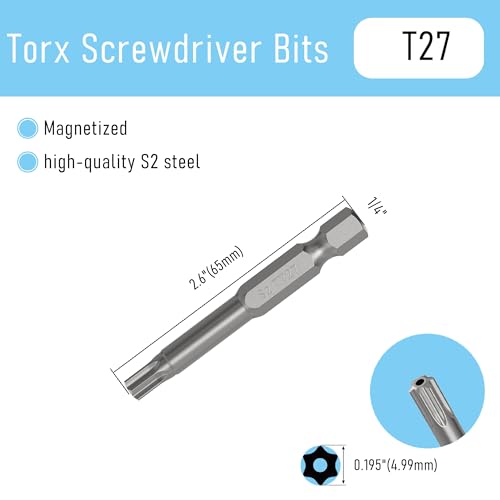 5PCS T27 Magnetic Tamper Proof Torx Screwdriver Bits, 1/4 Inch Hex Shank 2.6 Inch Length S2 Steel Security Drill Torx Head Drill Screw Driver Tools(65mm Long, Star 6 Point) - size: T27