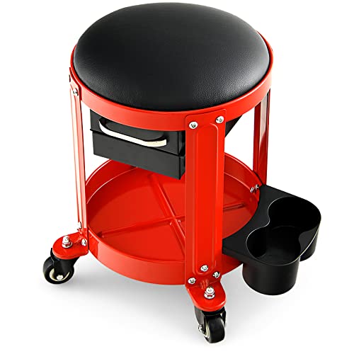 Nightcore Workshop Rolling Seat, Round Creeper Stool with Removable Cushion, Tool Tray, 2 Drawers & Twin Can Holders, Mechanic Roller with 4 Universal Casters for Garage, 300 Lbs Weight Capacity