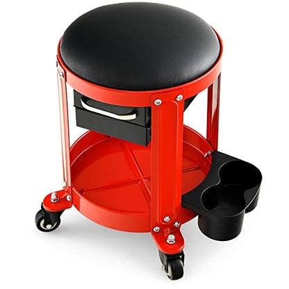 Nightcore Workshop Rolling Seat, Round Creeper Stool with Removable Cushion, Tool Tray, 2 Drawers & Twin Can Holders, Mechanic Roller with 4 Universal Casters for Garage, 300 Lbs Weight Capacity