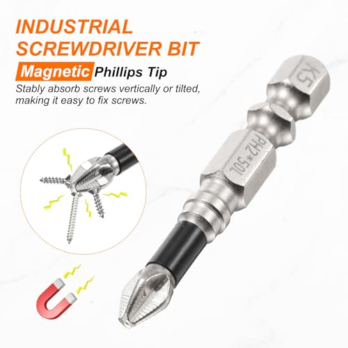 HARFINGTON 6pcs Impact Phillips Screwdriver Bit PH2 (#2) Anti Slip Tip 1/4" Hex Shank 2" (50mm) Long Magnetic Cross Screw Driver Industrial Power Drill Bits for Remove Fastening Screws - size: 2 inch