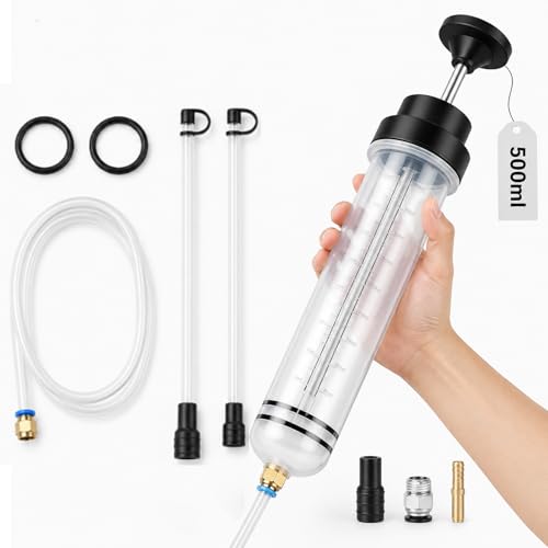 500cc Fluid Extractor & Fill Pump,Oil Extractor with 27'' Hose and 2PCS 12''Extension Tubes,Suction Pump for Lawn Mowers Cars，Hydraulic Fluid(Black)