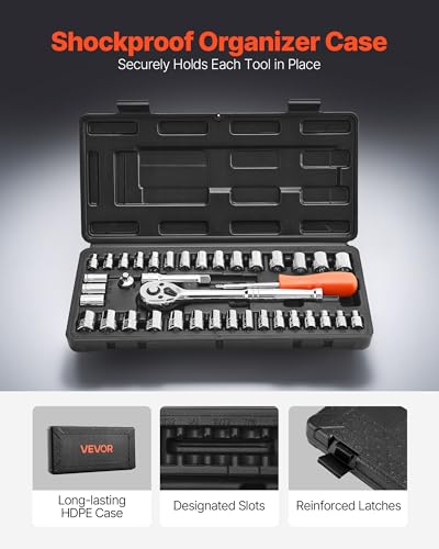 VEVOR Socket Set, 39 Pieces, 3/8 & 1/4 inch Drive Socket and Ratchet Set, SAE and Metric Size, Mechanic Tool Kit with Ratchet Wrench, Accessories, Storage Case, CR-V Alloy Steel, for Automotive Repair - size: 1/4"&3/8", style: 39 PCS