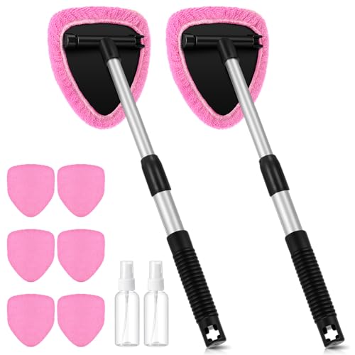 Baderke 10 Pcs Windshield Cleaner Tool Car Window Cleaning Supplies with Extendable Handle Include 6 Washable Microfiber Bonnets 2 Empty 60ml Spray Bottle Glass Wiper Kit(Pink) - color: Pink