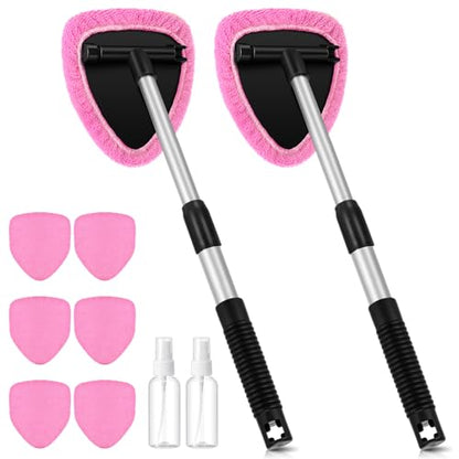Baderke 10 Pcs Windshield Cleaner Tool Car Window Cleaning Supplies with Extendable Handle Include 6 Washable Microfiber Bonnets 2 Empty 60ml Spray Bottle Glass Wiper Kit(Pink) - color: Pink