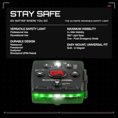 Guardian Angel Micro Safety Light - Green Front & Green Rear | Beacon Device. Rechargeable, magnetic, hands-free wearable & mountable. For Dog Walking, Cycling, Camping, Kayaking & More. - color: Green/Green