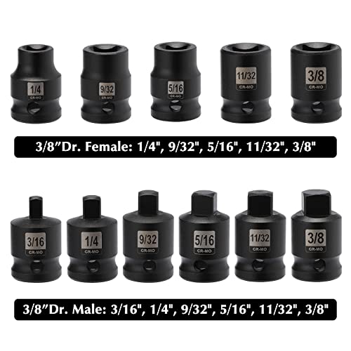 EMENTOL 11PCS 3/8" Drive Pipe Plug Socket Set, SAE, CR-MO, Tapered Male Square Drive- 3/16 Inch to 3/8 Inch, Chamfered Female Square Drive- 1/4 Inch to 3/8 Inch, 11 Pieces Set - size: 11PCS 3/8"Dr.