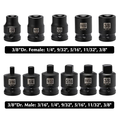 EMENTOL 11PCS 3/8" Drive Pipe Plug Socket Set, SAE, CR-MO, Tapered Male Square Drive- 3/16 Inch to 3/8 Inch, Chamfered Female Square Drive- 1/4 Inch to 3/8 Inch, 11 Pieces Set - size: 11PCS 3/8"Dr.