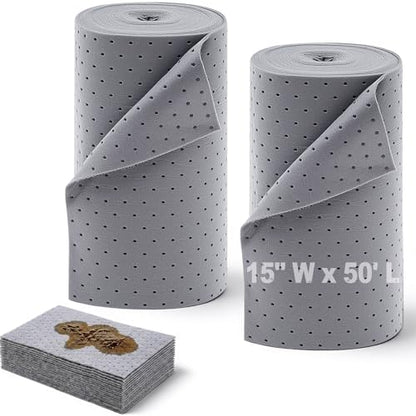 Tigeen 2 Roll Oil Absorbent Pads 15 in x 50 ft Gray Absorbing Mat with Tear Lines Cut to Fit Sheets for Garage Floor Automotive Maintenance Home Basement Spill Cleanup and Leak Drip Protection