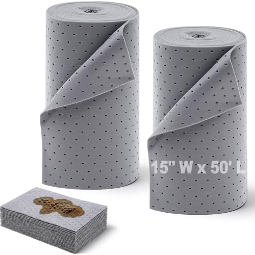 Tigeen 2 Roll Oil Absorbent Pads 15 in x 50 ft Gray Absorbing Mat with Tear Lines Cut to Fit Sheets for Garage Floor Automotive Maintenance Home Basement Spill Cleanup and Leak Drip Protection