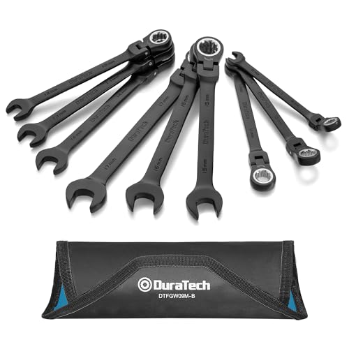 DURATECH 9-Piece Flex-Head Ratcheting Wrench Set, Combination Wrench Set, 72 Tooth, Metric, 8, 10, 11, 12, 13, 14, 15, 16, 17mm, Black Electrophoretic Coating, CR-V Steel, with Rolling Pouch - color: Black, size: 8-17mm