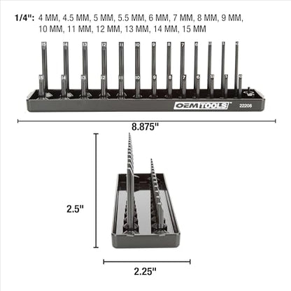 OEMTOOLS 22208 1/4" Metric Socket Organizer, 1/4 Socket Holder for Deep and Shallow Sockets, Labeled Posts, Dual Rail, Holds 4 mm to 15 mm - size: 1/4"