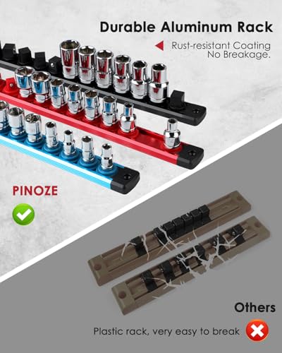PINOZE 3/8" Magnetic Socket Holder Organizer - Aluminum Alloy Socket Rail Tray for Tool Box Drawer, Socket Rack with Extra 2Pcs Replacement Clips for Automotive Garage(Red) - size: 3/8" DR