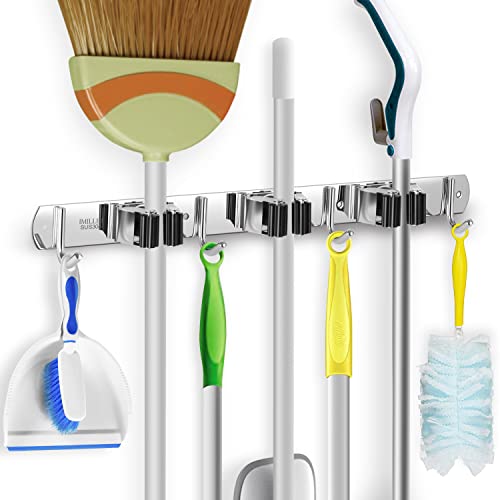 IMILLET Broom Holder Wall Mounted, Stainless Steel Broom and Mop Holder Self Adhesive Broom Organizer Heavy Duty Hooks Storage Organizer for Home Laundry Room Garden Garage Closet Kitchen (1 Pack) - color: 3 Racks with 4 Hooks, size: 1 Pack