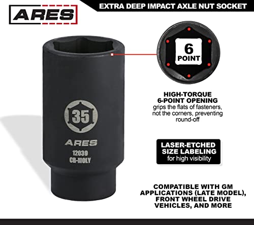 ARES 12039 35MM Axle Nut Socket, 6 Point Socket | Extra Deep 1/2-Inch Drive Impact Socket for Easy Removal of Axle Shaft Nuts - size: 35mm 6-Point