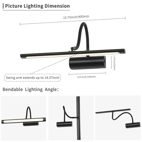 JOOSENLUX 16" Dimmable Picture Light, LED, Battery Operated, Wireless, Adjustable Arm, Remote Controlled, Rechargeable, Wall-Mounted, Modern & Stylish - Ideal for Gallery, Library, and Photo Display - color: Black, size: Model A
