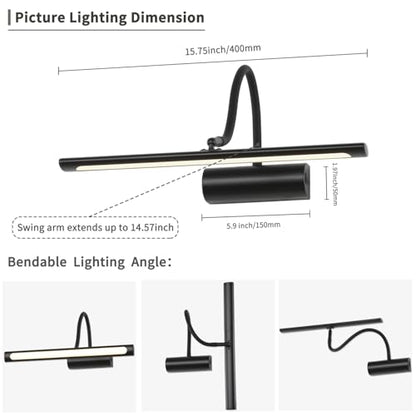 JOOSENLUX 16" Dimmable Picture Light, LED, Battery Operated, Wireless, Adjustable Arm, Remote Controlled, Rechargeable, Wall-Mounted, Modern & Stylish - Ideal for Gallery, Library, and Photo Display - color: Black, size: Model A
