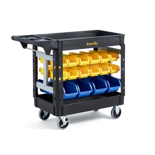 ELAFROS 2-Tier Heavy Duty Utility Cart with 32 Storage Bins, 40.7 x 17 in | 550 lbs Capacity, Deep Tub Shelves, Rolling Service Cart, Locking Wheels, Tool Organizer, Workshop Garage Office Storage Bins