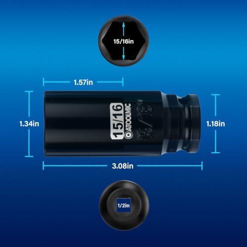 1/2" Drive x 15/16 Inch Deep 6PT CR-MO Impact Socket for Removing Axle nut | SAE Socket,6-Point Radius Corner Design,Two Size Markings,Square Chamfered Opening,For Removal of Axle Nut - size: 15/16 Inch, style: 1/2" Drive Deep Socket