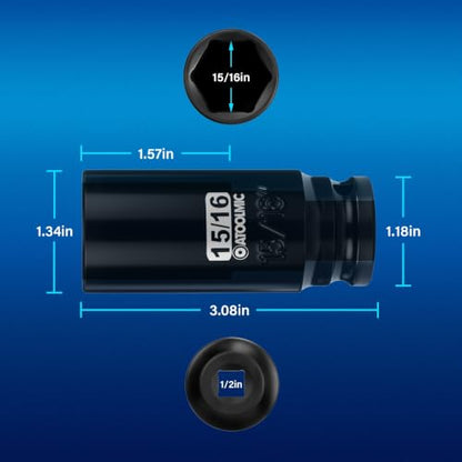 1/2" Drive x 15/16 Inch Deep 6PT CR-MO Impact Socket for Removing Axle nut | SAE Socket,6-Point Radius Corner Design,Two Size Markings,Square Chamfered Opening,For Removal of Axle Nut - size: 15/16 Inch, style: 1/2" Drive Deep Socket