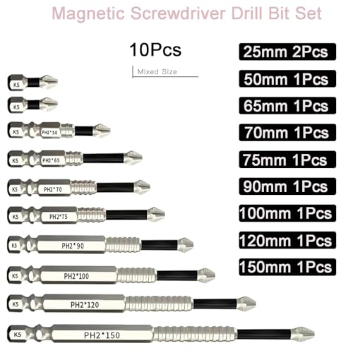 10 Pack PH2 Phillips Bits Set, High Magnetic Screwdriver Drill Bit Set, Anti-Slip S2 Alloy Steel, 1/4'' Hex Shank K5 Impact Bits, 25 50 65 70 75 90 100 120 150mm - color: 10pcs