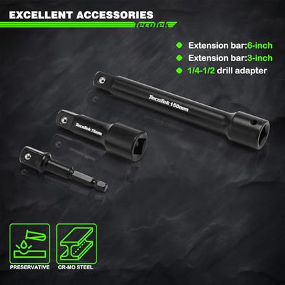 TecoTek 30 Pieces 1/2-Inch Drive Shallow Metric Impact Socket Set, Cr-Mo, 10mm to 36mm, No Skipped Sizes, 6 Point, Includes Extension Bars, Drill Socket Adapter 1/2" - size: 1/2" Dr. 30pcs Shallow Impact Socket