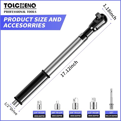 1/2“ Offset Extension Wrench Impact for Electric Drill,Electric Ratchet Wrench Extender for Tight Spaces with 1/2",3/8",1/4" Inch Socket Adapters and Drill Bit (blew case)