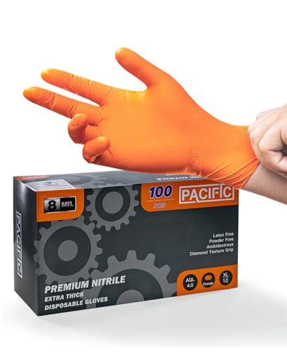 PACIFIC PPE 8 Mil Heavy-Duty Strength Nitrile Gloves, Chemical Resistant, Diamond Texture Industrial Disposable Gloves, Orange, 100PCs, X-Large - size: X-Large(Pack of 100)